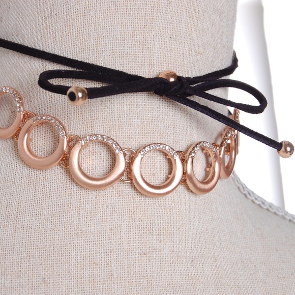 Rose Gold Layered Wrap Choker Necklace Pavé Circle - Picture 5 of 6